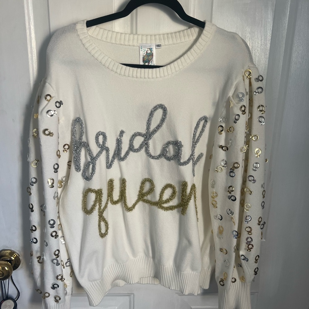 QUEEN OF SPARKLES White and Gold Crew Neck Sweater